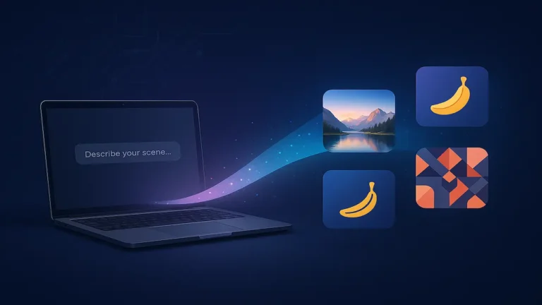 Laptop on dark blue background sends a glowing ribbon to four AI image tiles—mountain lake, two banana icons, geometric pattern—illustrating text-to-image (no people).