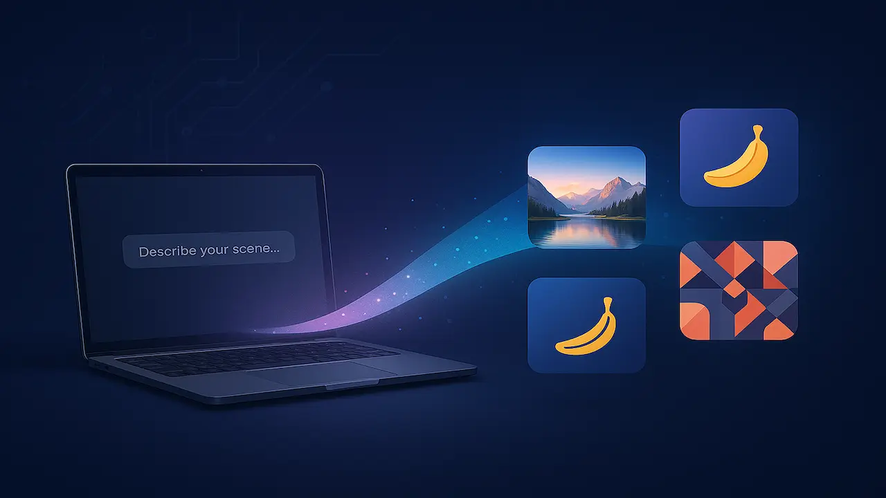 Laptop on dark blue background sends a glowing ribbon to four AI image tiles—mountain lake, two banana icons, geometric pattern—illustrating text-to-image (no people).