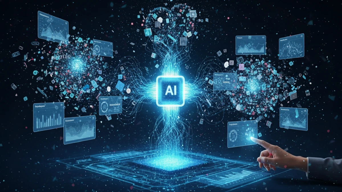 AI interface analyzing marketing data, clustering keywords, and generating strategic insights for SEO.