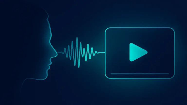 Modern abstract hero showing video timeline shapes, audio waveforms, and a microphone outline blending with AI circuitry on a dark navy gradient
