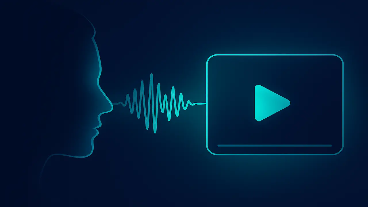 Modern abstract hero showing video timeline shapes, audio waveforms, and a microphone outline blending with AI circuitry on a dark navy gradient