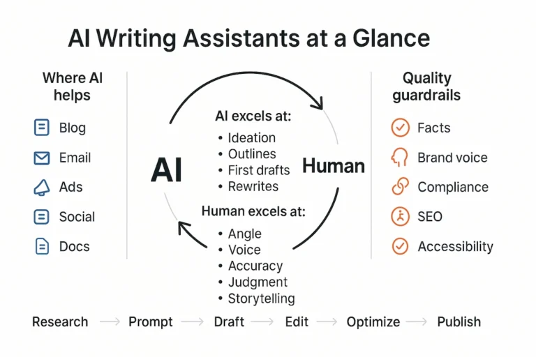 Minimal, data-driven header visual showing the human–AI writing loop with labeled benefits and tasks.