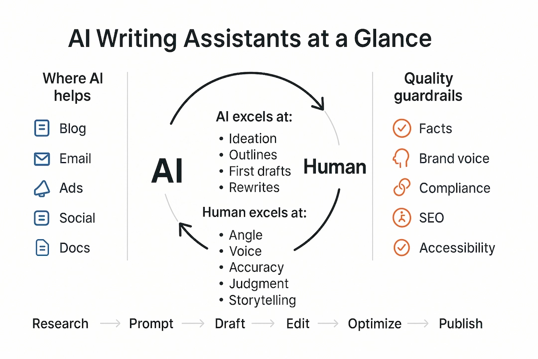 Minimal, data-driven header visual showing the human–AI writing loop with labeled benefits and tasks.