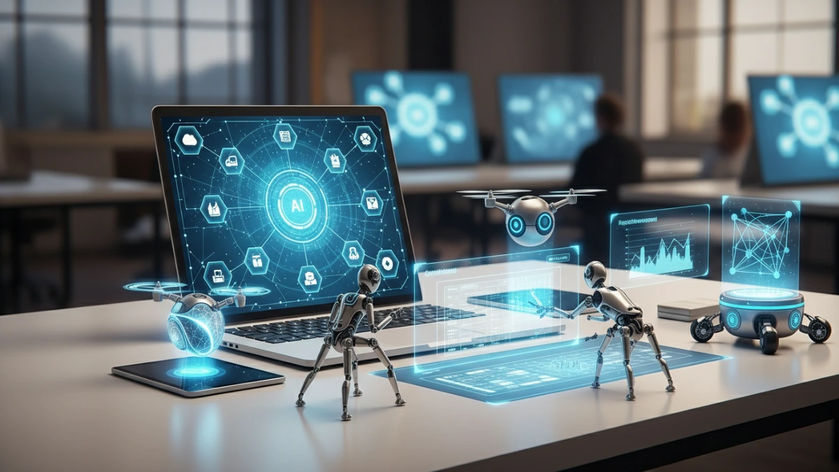 Digital illustration of various AI tools, gears, and data points symbolizing business automation and efficiency