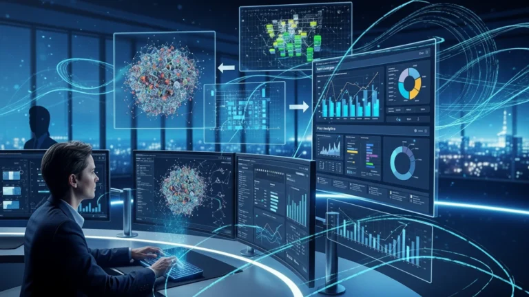 Image showing AI algorithms analyzing diverse data streams to generate clear, actionable business insights.