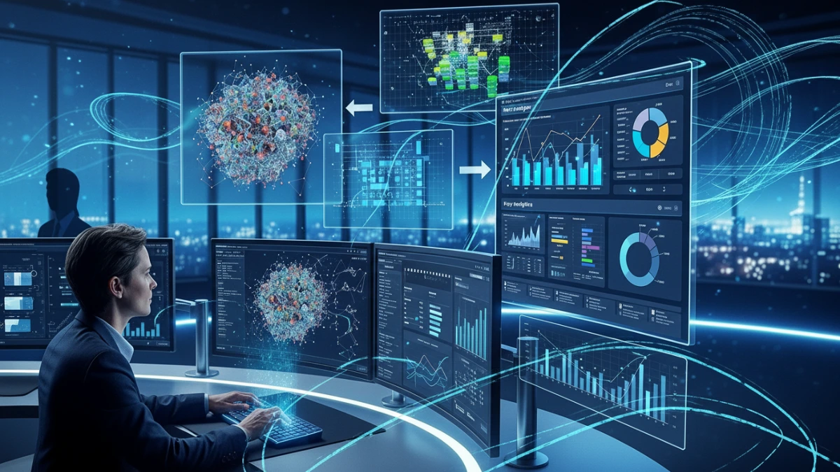 Image showing AI algorithms analyzing diverse data streams to generate clear, actionable business insights.