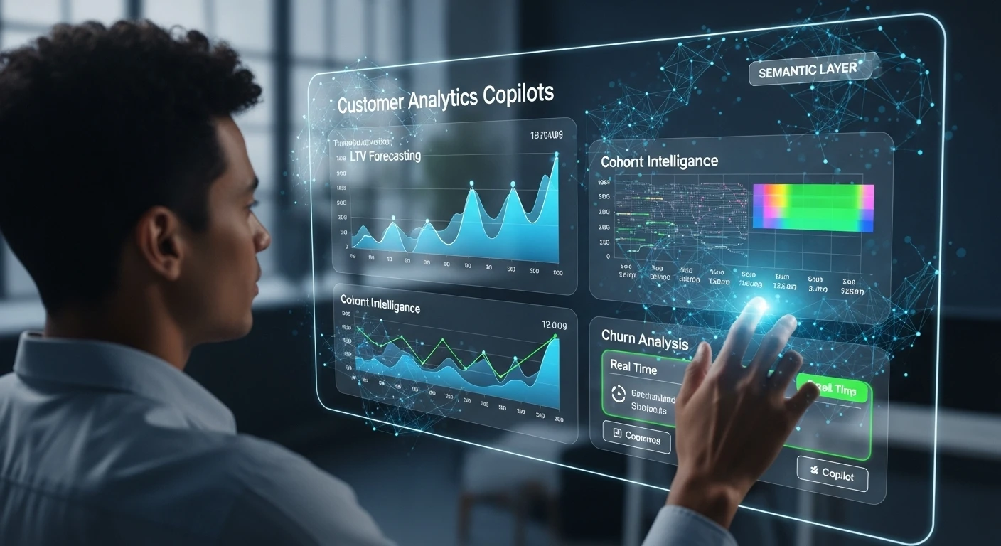 A man interacts with a futuristic holographic display showing an AI-powered customer analytics copilot dashboard, featuring charts for LTV forecasting, cohort intelligence, and churn analysis.