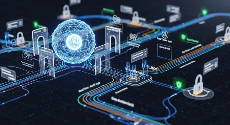 A holographic visualization of AI data governance, showing interconnected data paths, glowing security locks, and a central 'AI' sphere, representing robust access controls, data lineage, and audit trails.