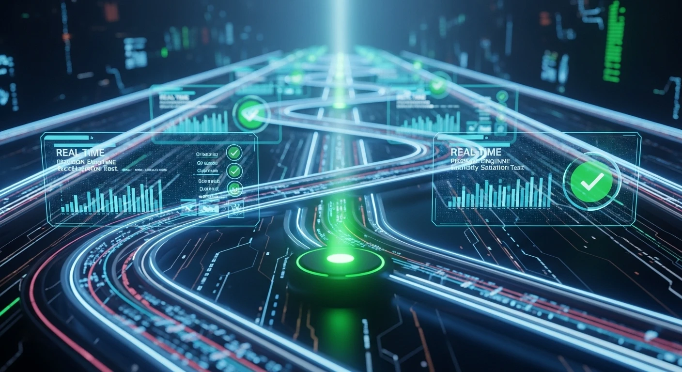 A digital representation of an AI evaluation pipeline with glowing data paths and holographic dashboards displaying real-time metrics, bar graphs, and green checkmarks indicating successful processes.