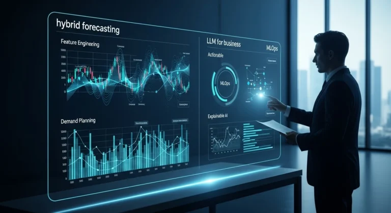 Businessman interacting with a holographic display showing hybrid forecasting, LLM for business, MLOps, and data visualizations in a modern office.