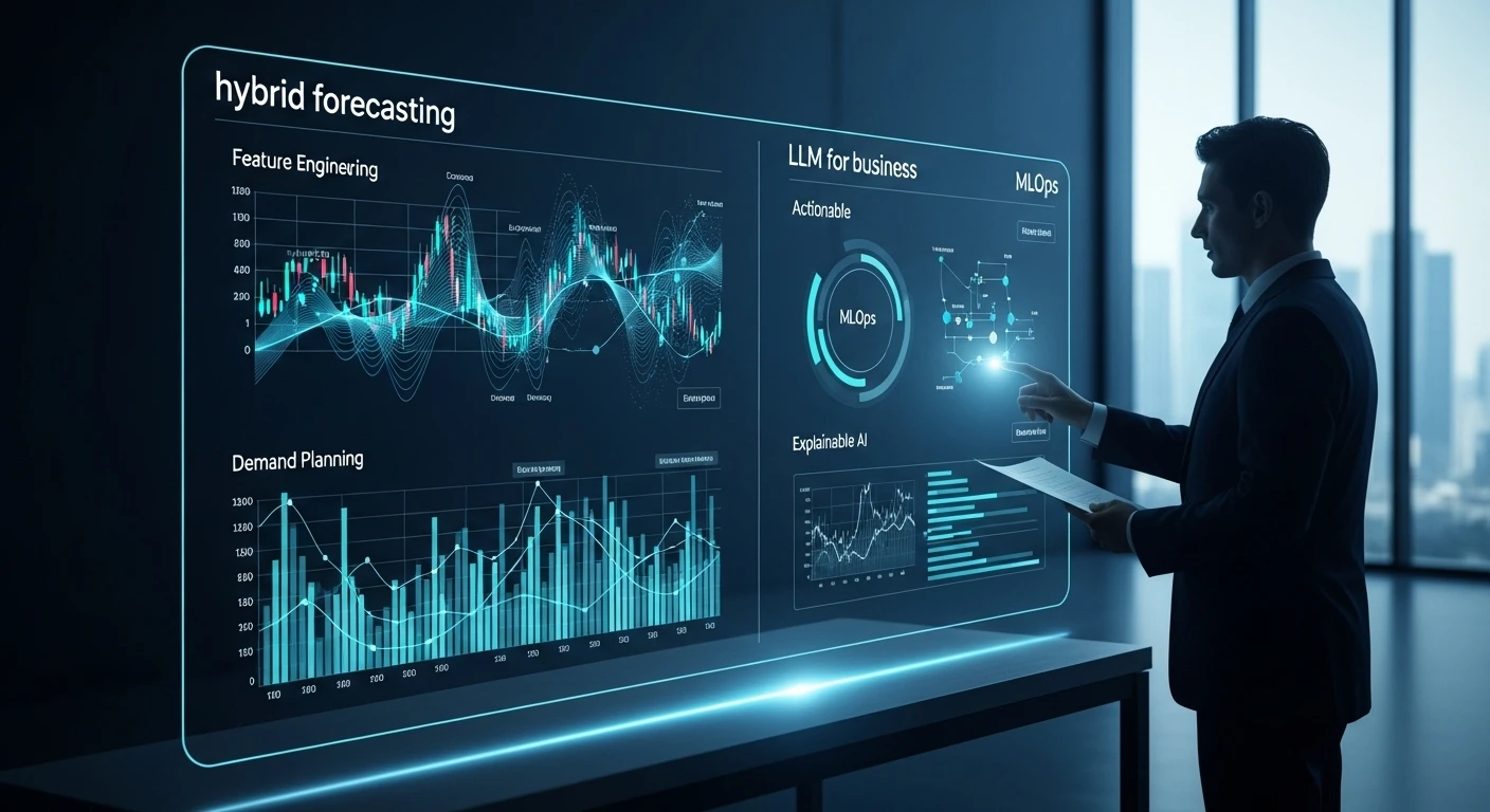 Businessman interacting with a holographic display showing hybrid forecasting, LLM for business, MLOps, and data visualizations in a modern office.