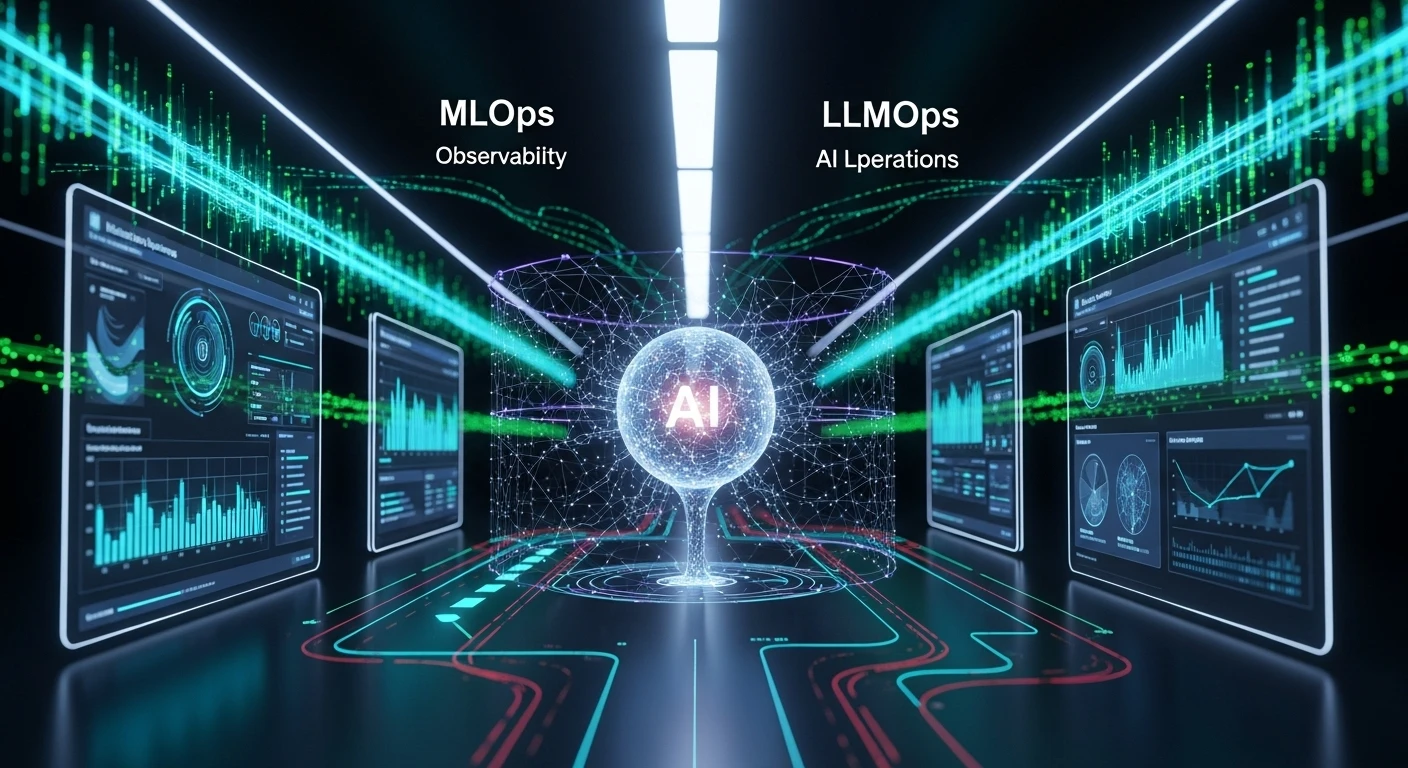 Digital visualization showing an AI core, data monitoring screens, and glowing operational pipelines representing MLOps and LLMOps observability.