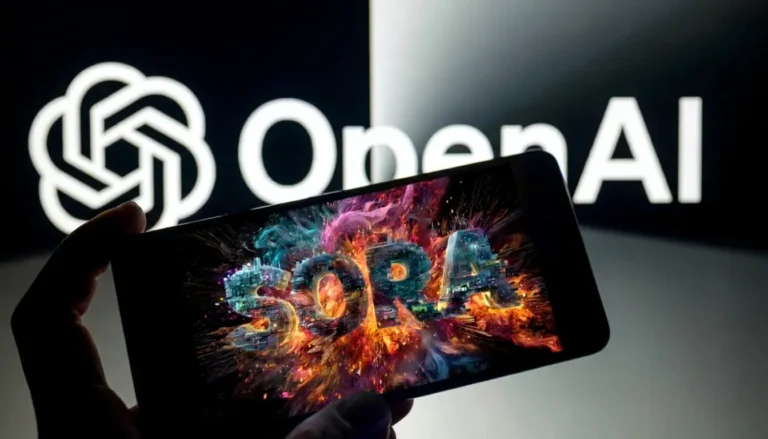 Smartphone displaying Sora AI video creation with explosive colorful visual effects in front of OpenAI logo