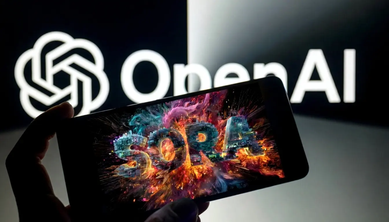 Smartphone displaying Sora AI video creation with explosive colorful visual effects in front of OpenAI logo