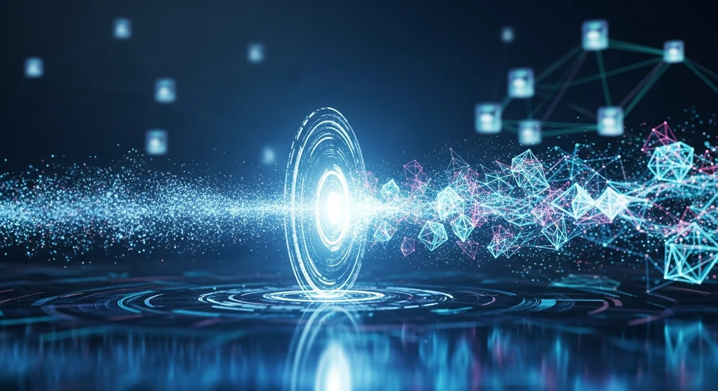 Abstract digital visualization of data privacy and security, showing a glowing portal emitting particles that form interconnected geometric shapes and a network, representing secure data flow and privacy-preserving analytics.