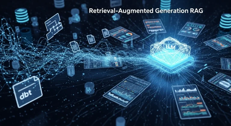 Digital illustration depicting Retrieval-Augmented Generation (RAG) with a central LLM processing and synthesizing information from various data sources like dbt models, documents, and databases connected by glowing data streams.