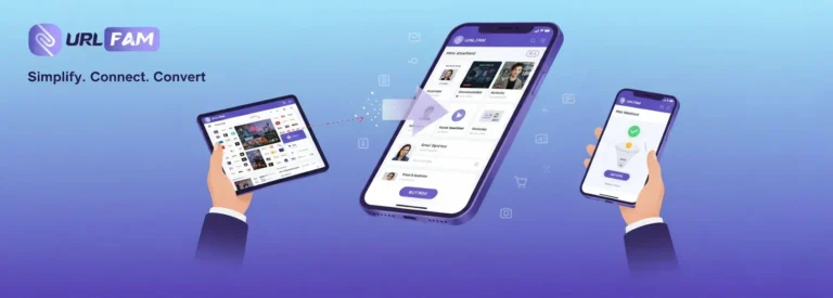 Illustration of the URLFAM mobile interface on a smartphone and tablet, highlighting seamless connection, sales conversion, and integrated content display.