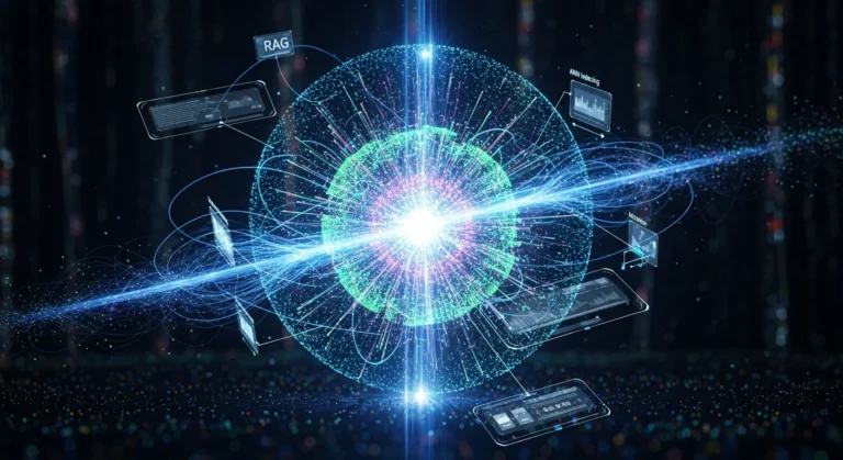 A digital visualization of a glowing data sphere with emanating light rays and floating holographic screens displaying concepts like RAG and ANN indexing, representing a vector database.