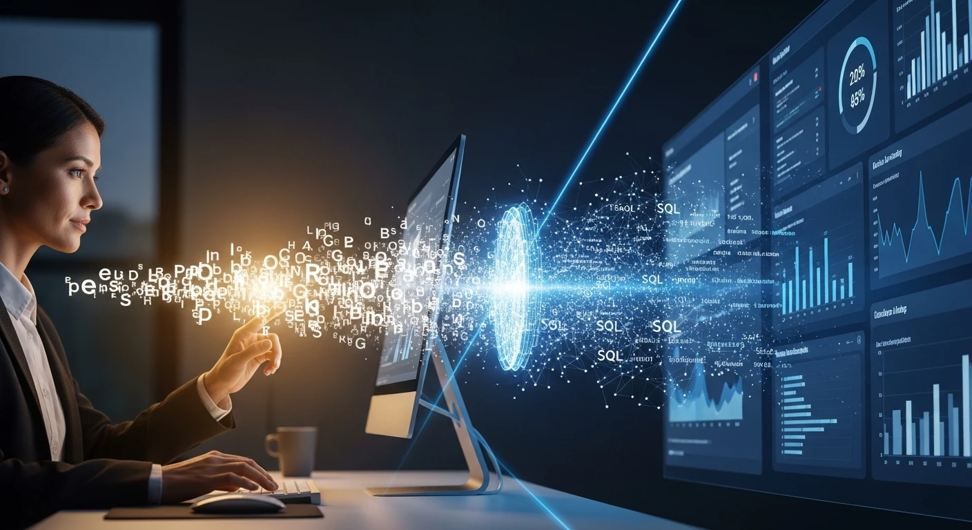 A professional woman interacts with a natural language business intelligence (NL-BI) system, transforming textual queries into dynamic data visualizations and dashboards.